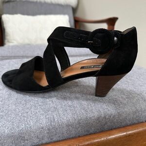 Paul Green slip on strappy ankle black suede heeled sandals